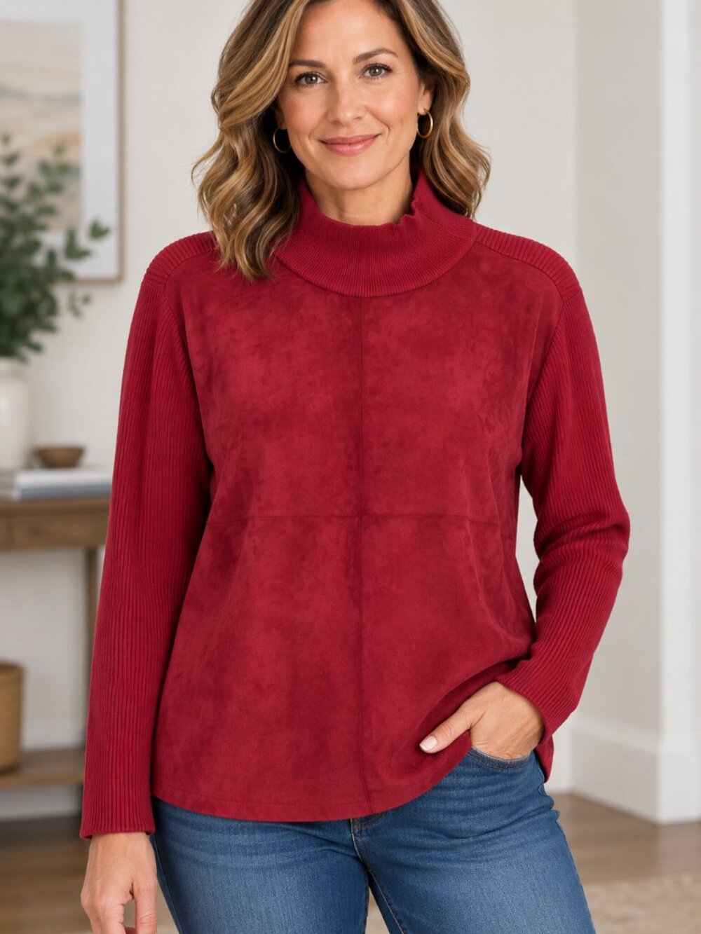 Siani Milano Womens L Red Faux Suede Mixed Media Ribbed Knit Mock Neck Sweater